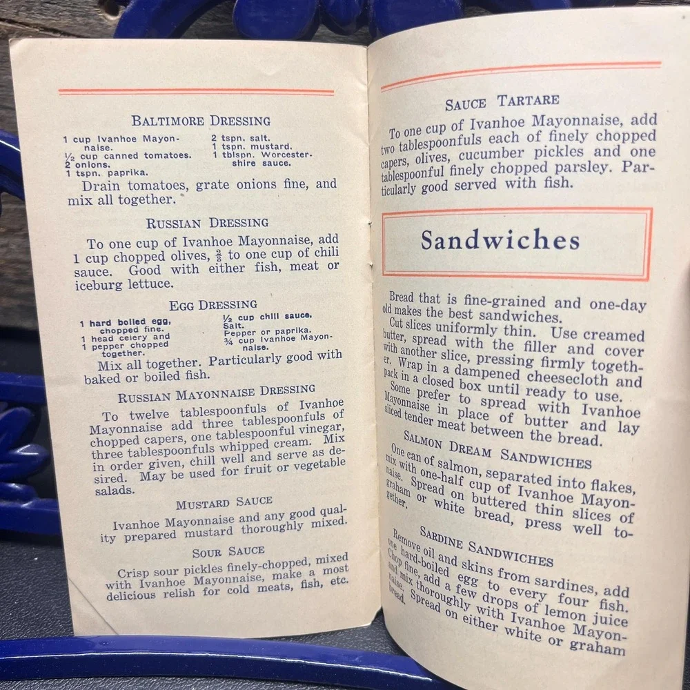 Salads‎ Sandwiches Sauces, antique cookbook pamphlet 1910s Ivanhoe Mayonnaise